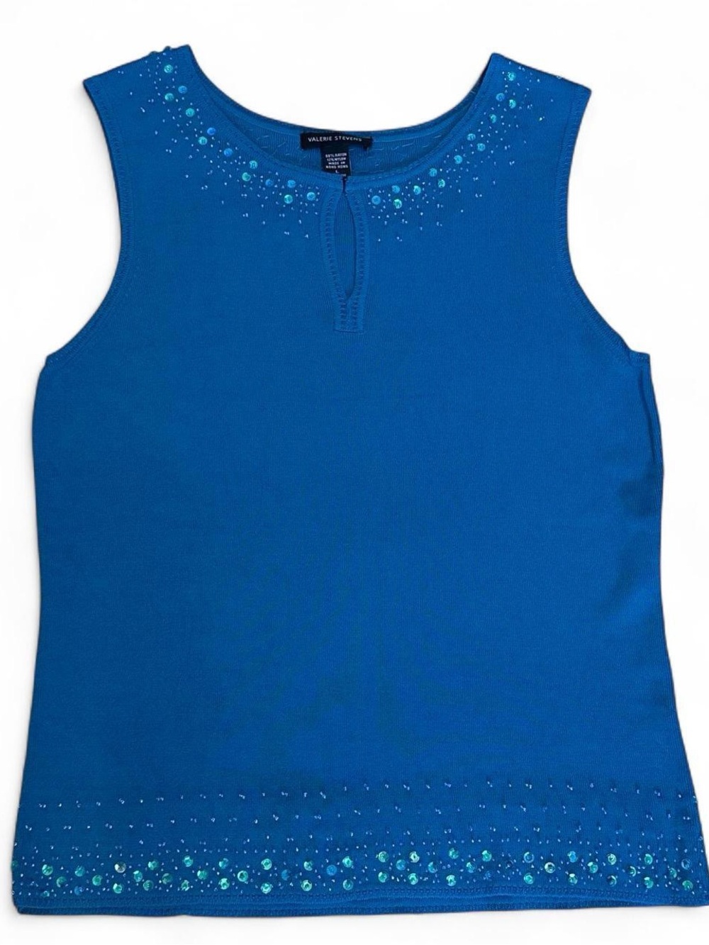 Teal / Turquoise Sequined & Beaded Keyhole Neck Knit Tank Top - Size Large